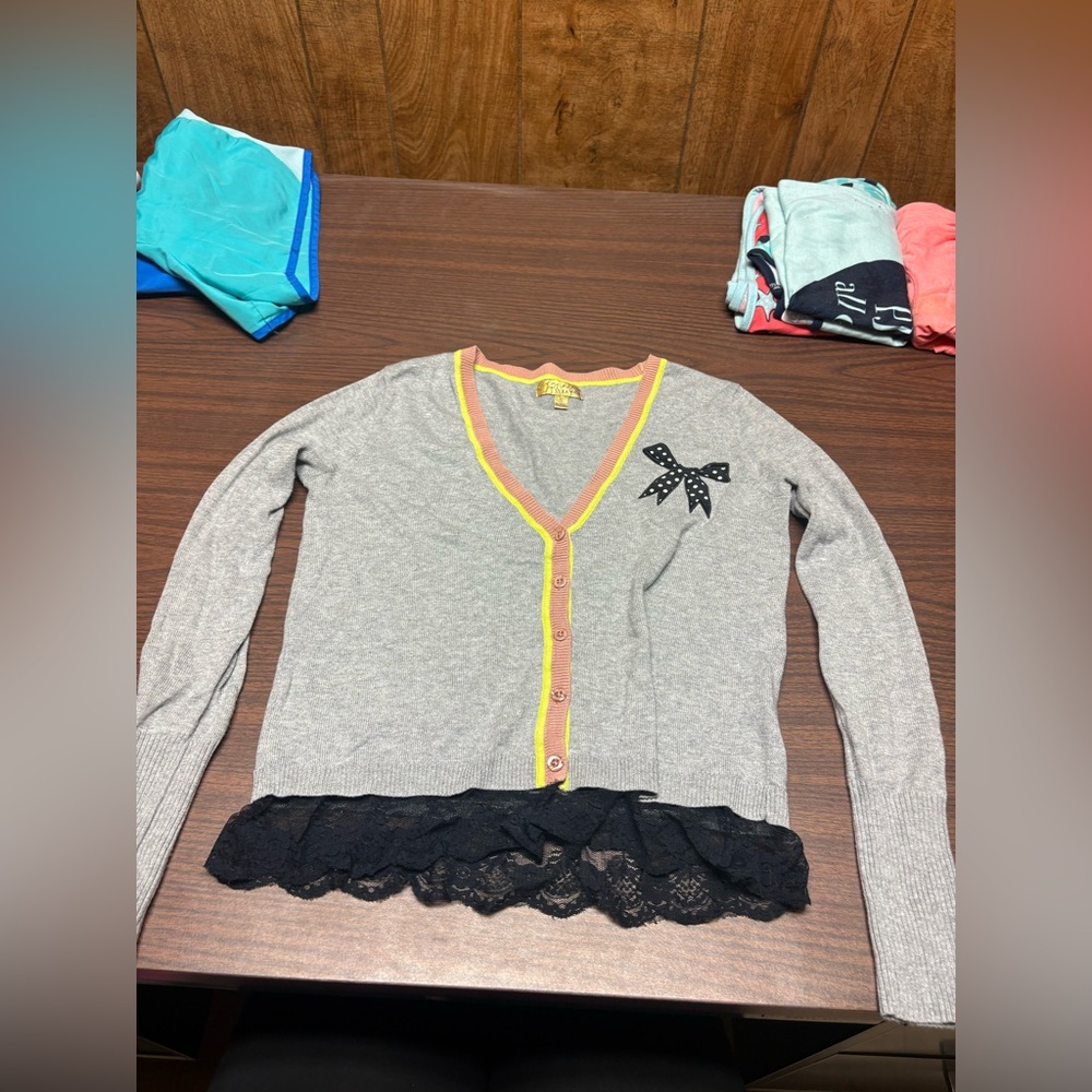 Princess Vera Wang Gray Cardigan with Black Lace and Yellow Trim